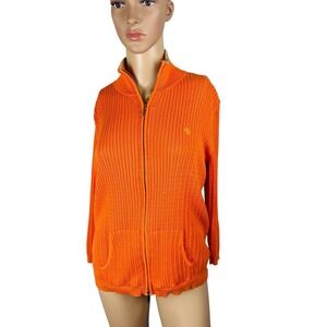 Ralph Lauren Womens Zip Up Cable Knit Cardigan Sweater Sz Lg Orange Gold Accent
